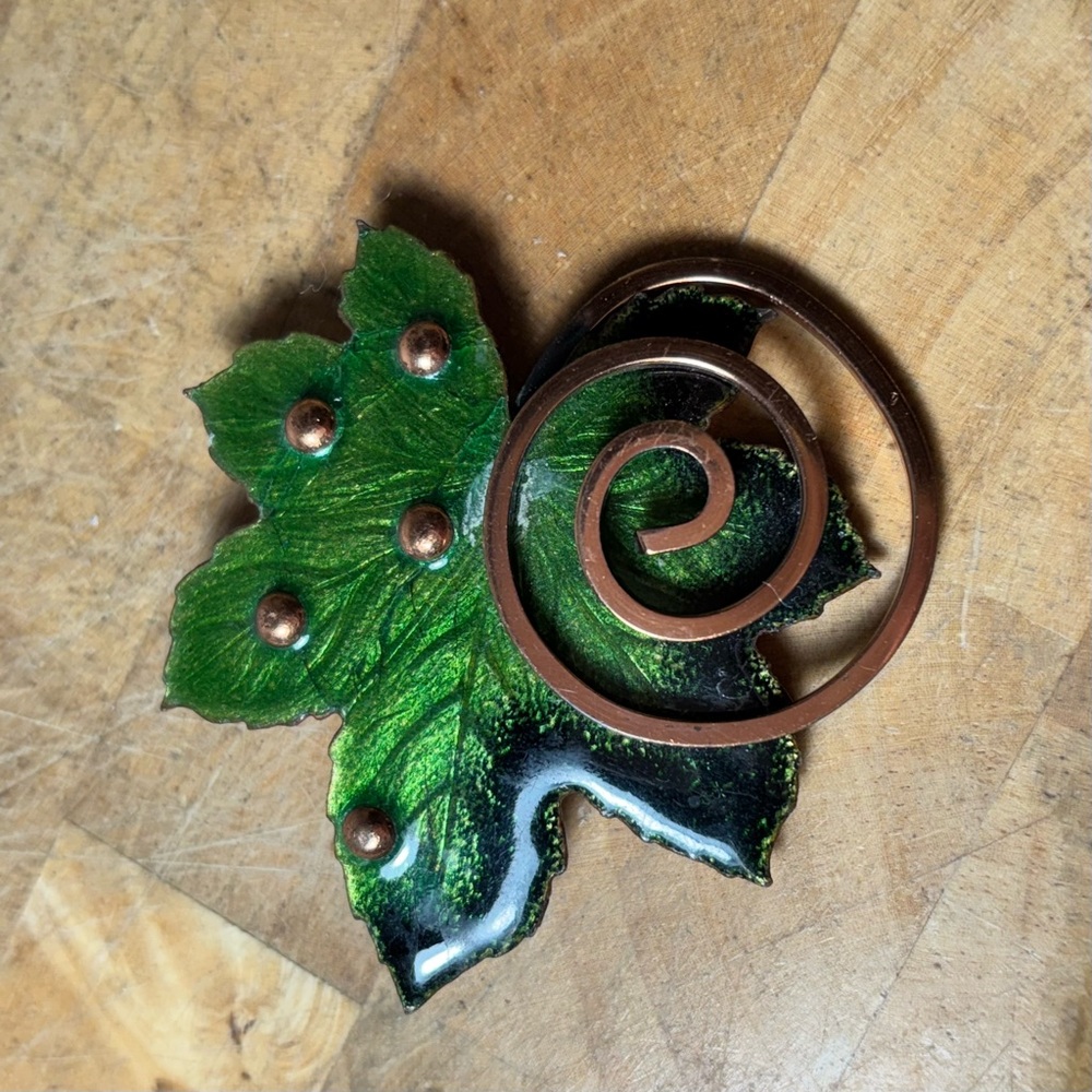 Signed Matisse Green Enamel Leaf Brooch Copper Spiral Vintage